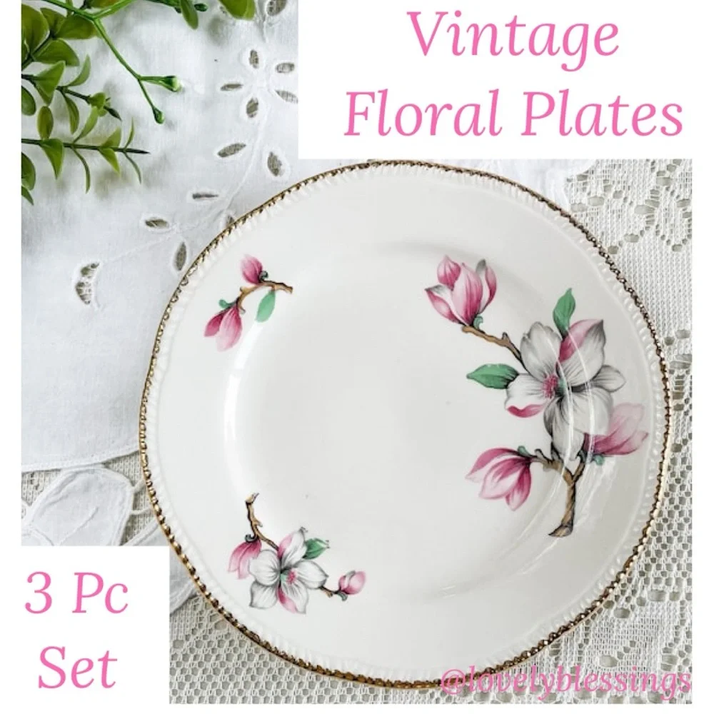 Homer Laughlin Dogwood Fine China Floral Plate Set Vintage Pink Gold Trim Pc Set